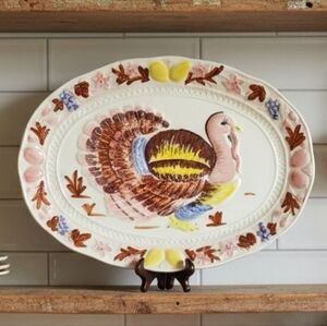 Himark Brazil Vintage Festive Rustic Farmhouse Painted Ceramic Turkey Platter